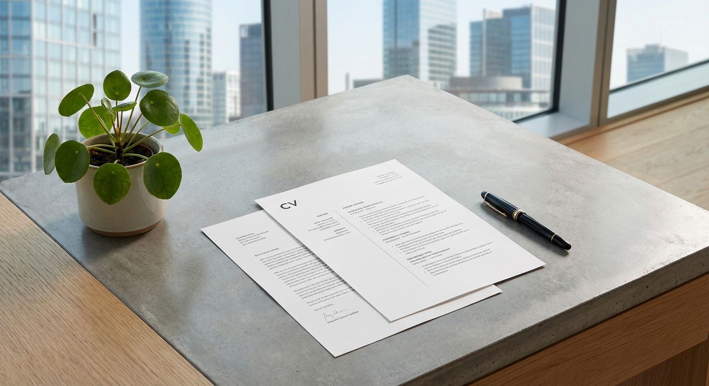 A top-down photograph of a meticulously organized, sleek desk in a modern, sunlit office, featuring a crisp, open CV or cover letter, a fountain pen, and a small, vibrant green plant. In the blurred background, a contemporary city skyline is visible, conveying ambition and professional growth.