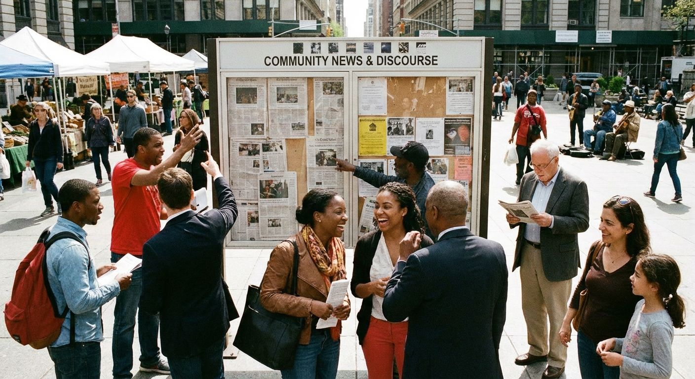 A candid, sunlit photograph of a diverse group of people gathered in a bustling city square, some engaged in animated discussion while others read news from a public bulletin board. The scene captures the essence of community, public discourse, and the flow of information.