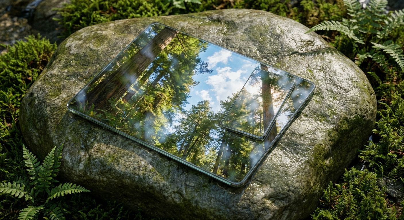 A close-up, high-angle photograph of a sleek, minimalist, cutting-edge smartphone or transparent tablet lying on a smooth, weathered rock. The device's screen vividly reflects a pristine, vibrant forest and a clear sky, subtly merging technology with untouched nature.