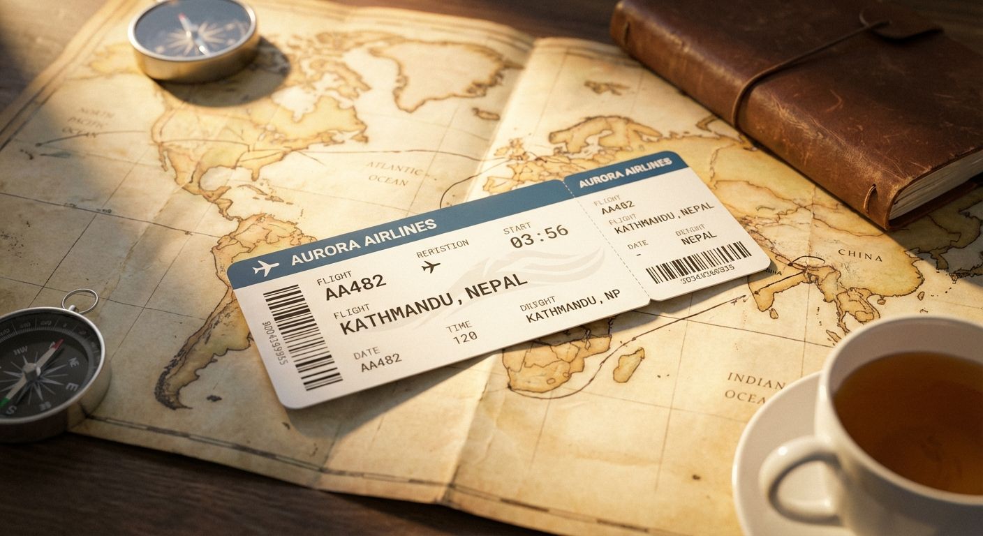 A close-up, high-angle photograph of a crisp airline boarding pass resting on an old, open world map. Soft, warm sunlight streams across the scene, highlighting the details of the map and the boarding pass, evoking a sense of adventure, new beginnings, and well-being.