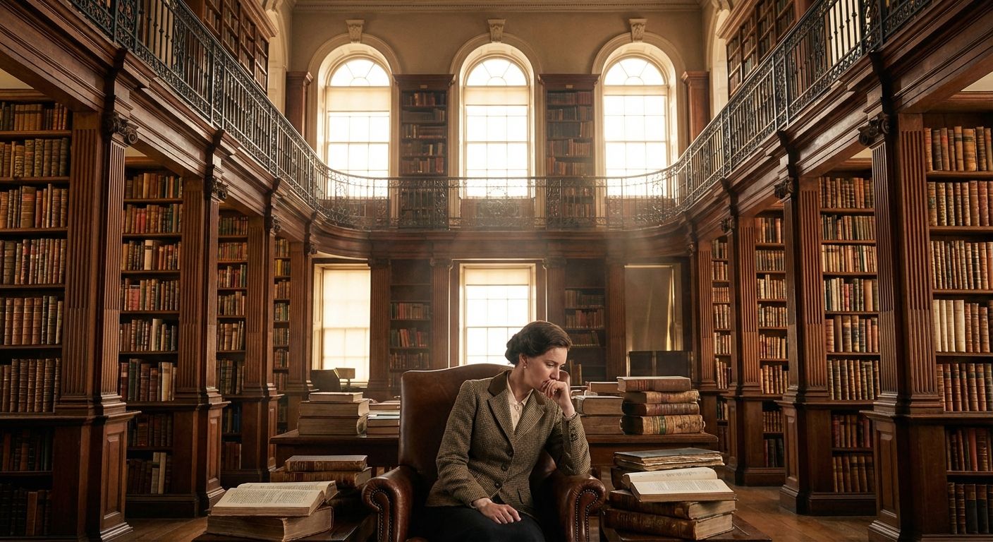 A lone figure sits contemplatively in a grand, ornate library or a quiet museum reading room, surrounded by towering bookshelves and bathed in the warm, soft glow of natural light filtering through large windows. The scene evokes a sense of deep cultural immersion and intellectual curiosity, with a rich, classic aesthetic.