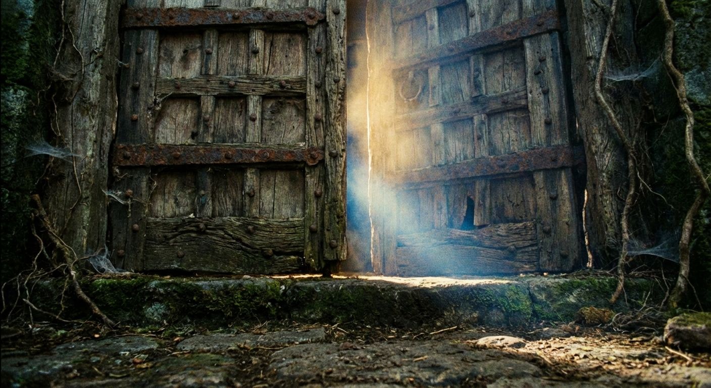 A close-up, low-angle photograph of a heavy, ancient wooden door, slightly ajar, with a dramatic, vibrant beam of light spilling out from the mysterious darkness within. The scene suggests discovery and the unveiling of new meanings.