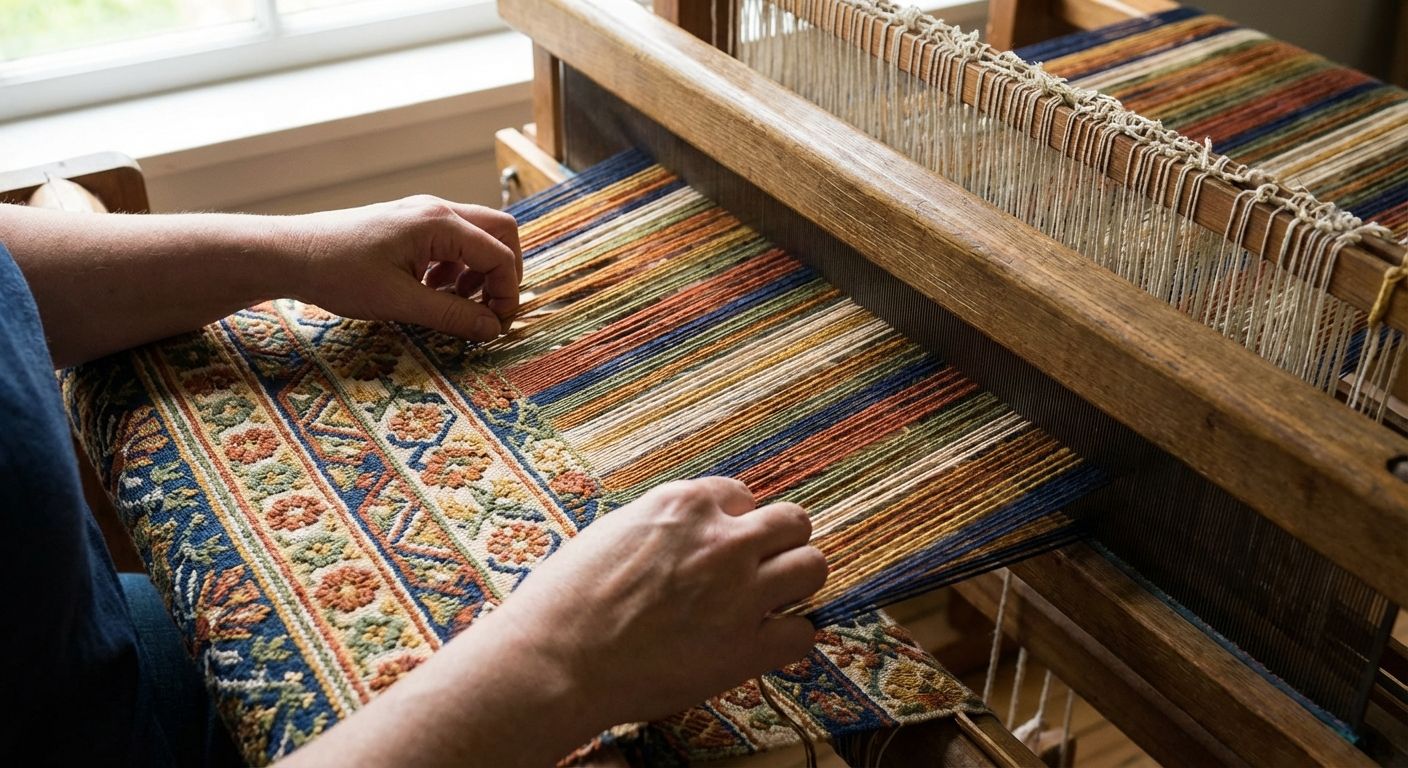A close-up, high-angle photograph of hands intricately weaving colorful threads on a traditional loom or with knitting needles. The threads flow smoothly, forming a complex and harmonious pattern, bathed in soft, natural light, emphasizing texture and detail.