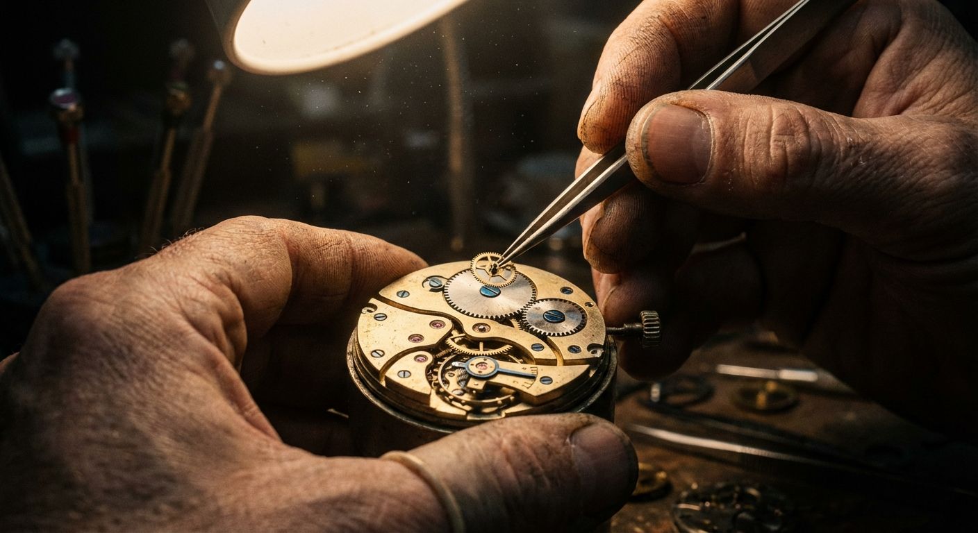 A high-contrast, atmospheric close-up photograph of a skilled artisan's hands meticulously placing a tiny, intricate gear into a complex, partially assembled vintage clockwork mechanism. Soft, focused lighting illuminates the delicate metal components and the precise action.