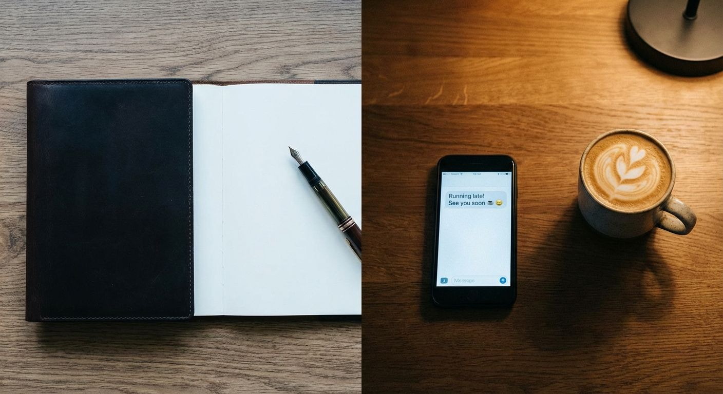 A top-down photograph of a desk split into two distinct zones: one side features a pristine, formal leather notebook with a sophisticated fountain pen, under crisp, focused lighting, while the other side displays a modern smartphone showing a casual text message with emojis, next to a coffee cup, bathed in soft, ambient light.