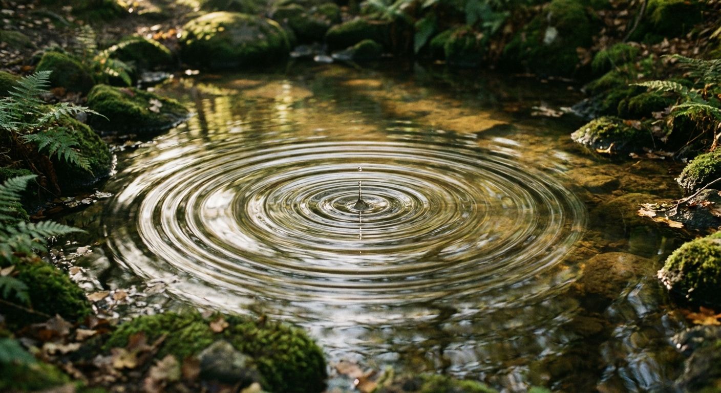 A serene, high-detail photograph of perfectly formed ripples expanding across the still surface of a pond, bathed in soft, dappled sunlight. This image evokes the fluid rhythm and nuanced intonation of British English, highlighting the subtle connections between sounds.