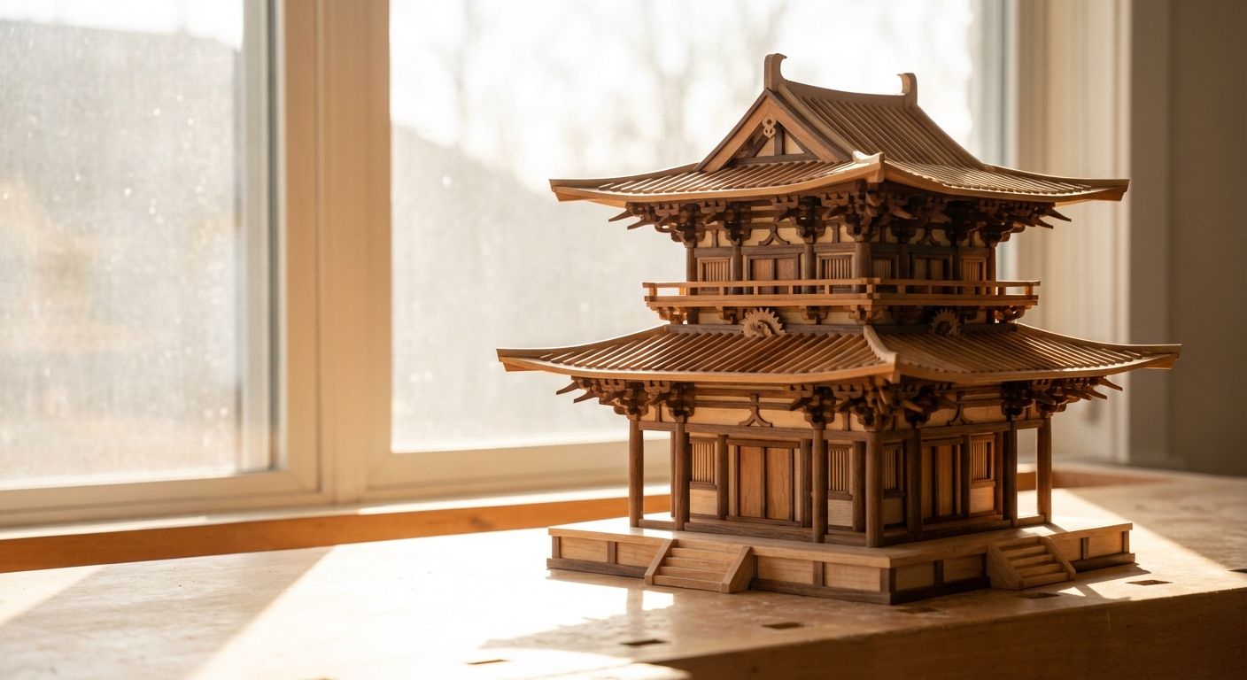 A beautifully crafted wooden model of a complex structure, with each individual piece precisely interlocking to form a cohesive and elegant whole. The scene is bathed in soft, natural light, highlighting the intricate joinery, creating a sense of balance and clarity.