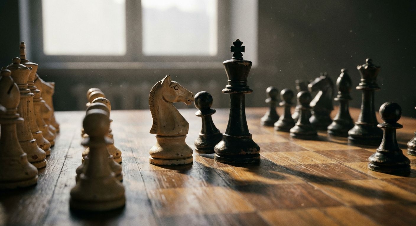 A close-up, low-angle photograph of a vintage wooden chessboard, with a few chess pieces strategically positioned in a dynamic mid-game. Soft, dramatic lighting casts subtle shadows, emphasizing the intricate details of the pieces and the strategic tension of the game.