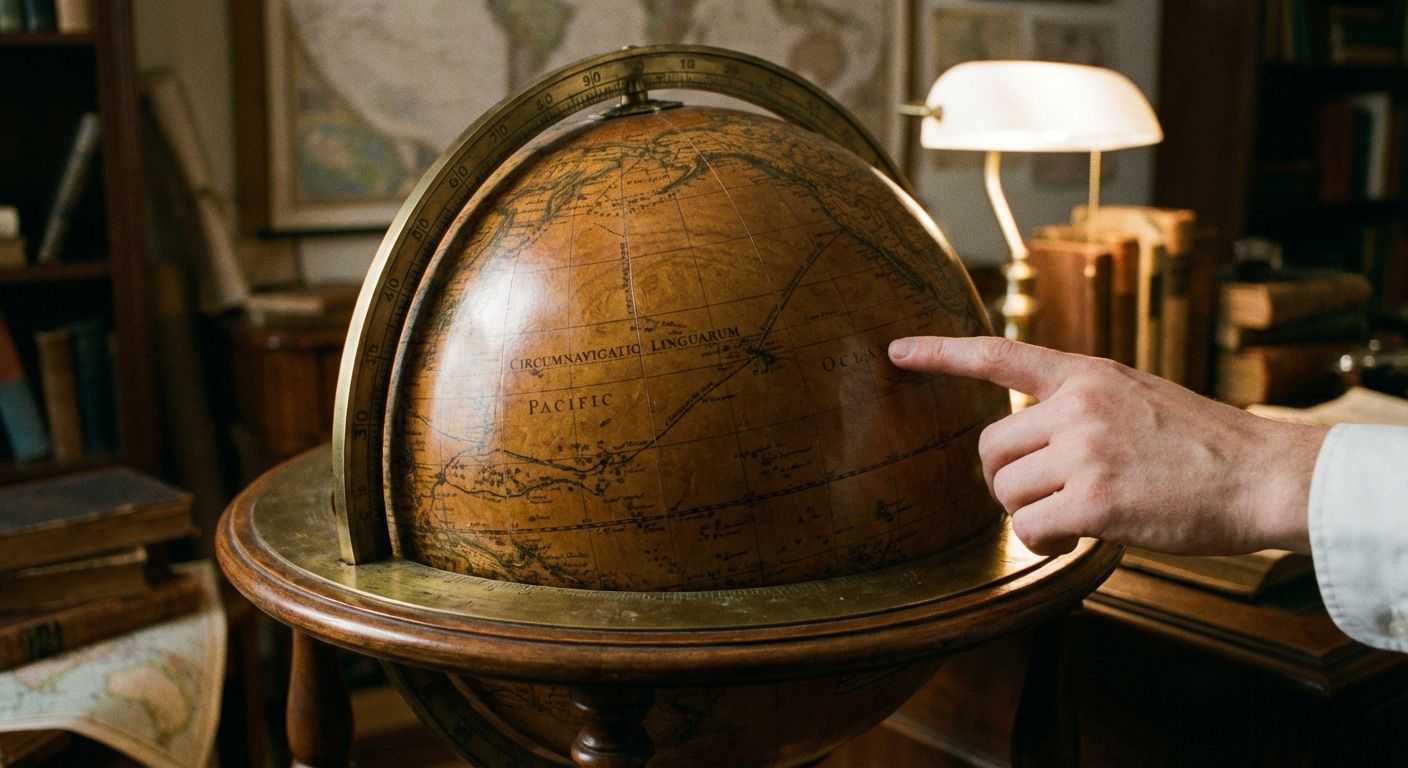 A close-up photograph of an antique, polished wooden globe with intricate brass accents, gently illuminated by a soft, focused light. A hand is subtly tracing a path across the globe, suggesting exploration and confident navigation of the world through language.