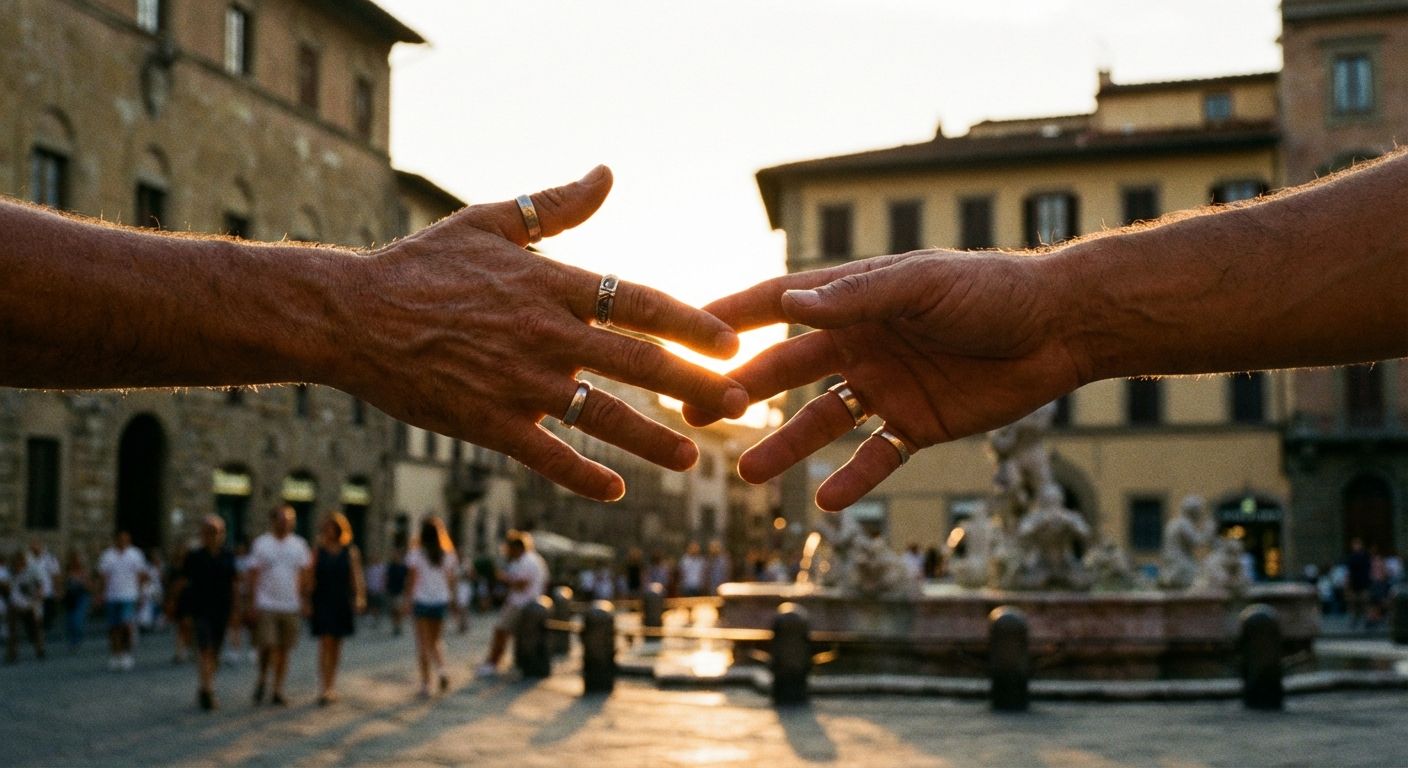 A dramatic, close-up photograph of two hands, almost touching but not quite, against a softly blurred background of a bustling Italian piazza at sunset. The scene evokes a sense of near-miss or a path not taken, bathed in warm, golden light.