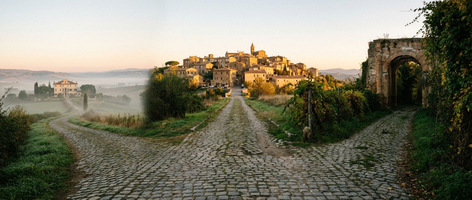 A dramatic wide-angle photograph of a rustic, sun-drenched cobblestone path in the Italian countryside, branching into three distinct routes. One path is well-worn and leads directly to a charming, bustling Italian village in the distance, bathed in clear daylight; another path winds off into a soft, dreamlike mist towards a distant, elegant villa; and the third path is overgrown and leads to a crumbling, ancient Roman archway, partially obscured by deep shadows. The scene is illuminated by golden hour light.