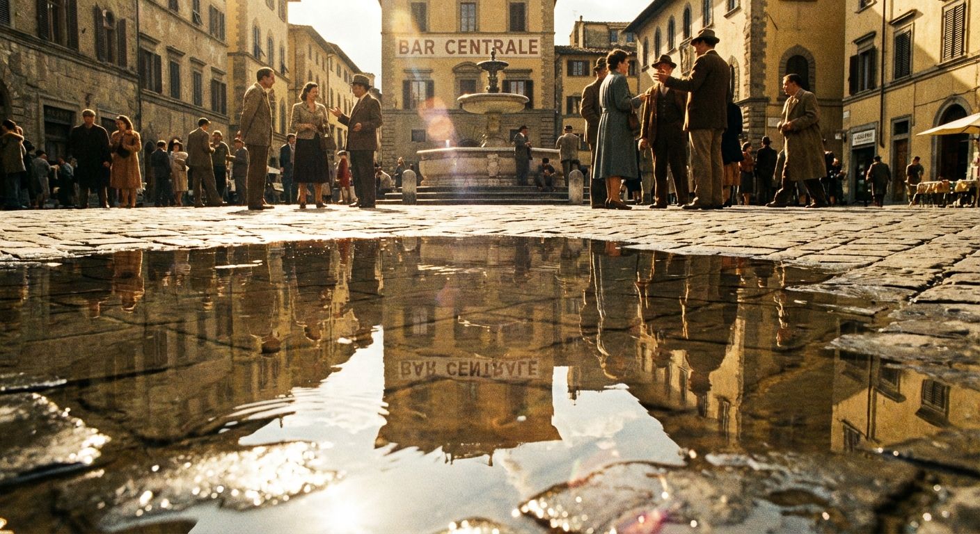 A dramatic, low-angle photograph captures a vibrant, sun-drenched Italian piazza teeming with people engaged in lively conversations. The bustling scene is vividly reflected in a wide, shimmering puddle on the cobblestone ground, where the reflection subtly distorts and shifts the elements, conveying a sense of distance and altered perspective, like a memory being retold.