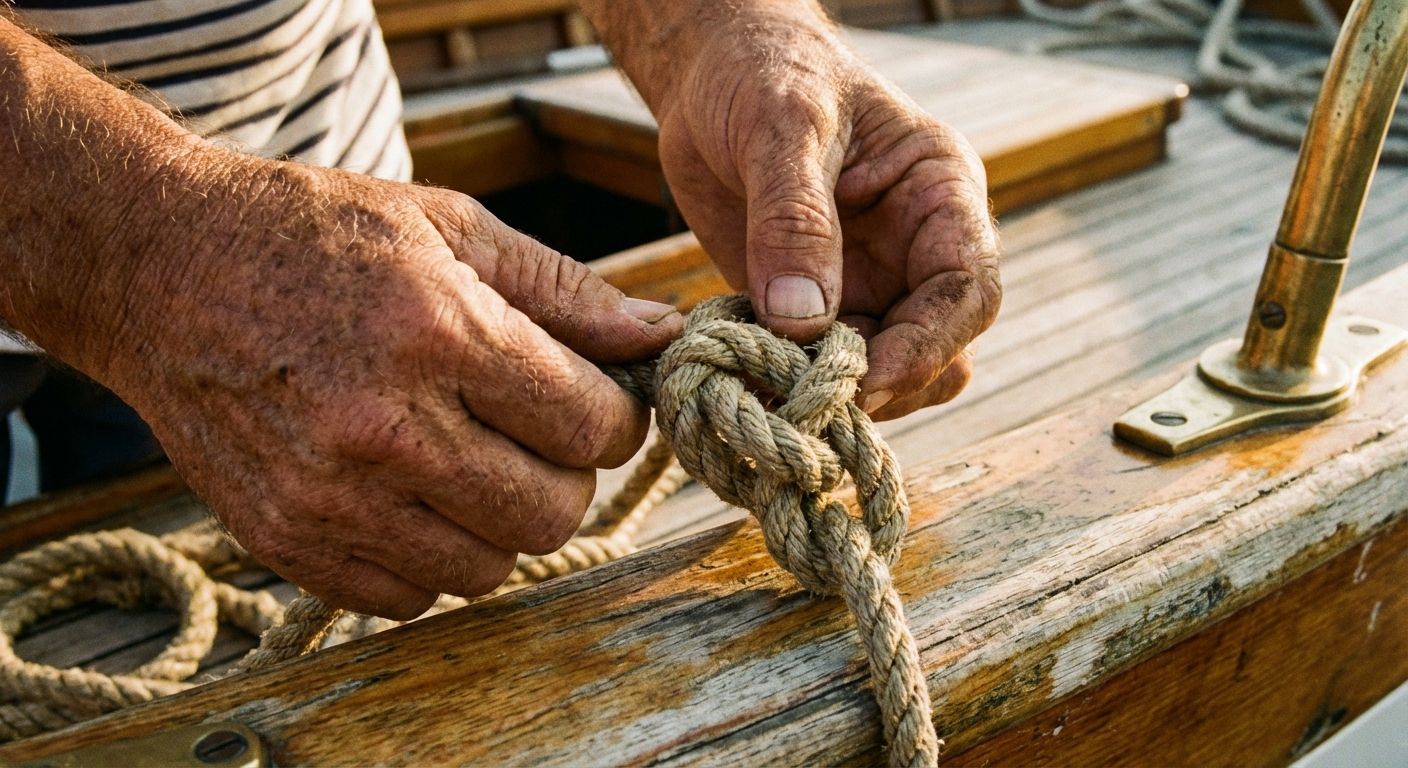 An extreme close-up photograph of an experienced sailor's hands skillfully tying an intricate, elegant knot with a thick, high-quality rope on a traditional Italian wooden boat, bathed in warm, golden light.