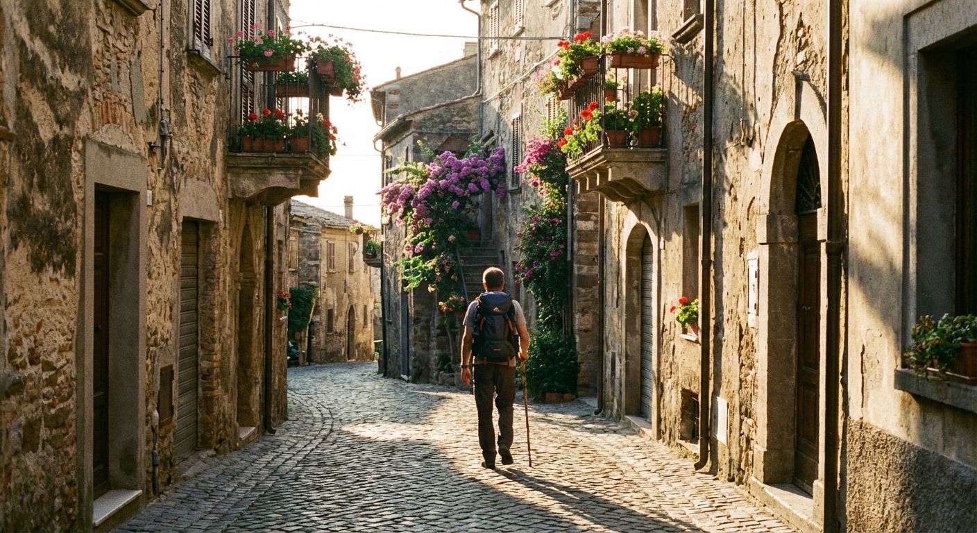 A lone figure walks away down a narrow, ancient cobblestone street in a picturesque Italian hill town, bathed in the golden light of late afternoon, with old stone buildings and potted flowers lining the winding path, evoking a sense of thoughtful departure and a journey ahead.