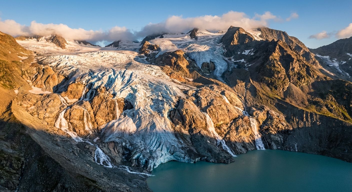 A high-contrast, dramatic photograph of a vast glacier in the Italian Dolomites, showing intense blue ice formations and visible meltwater streams cascading into a pristine, turquoise alpine lake. The scene is illuminated by the warm, golden light of a late afternoon sun, emphasizing the raw power and vulnerable beauty of nature amidst climate change.
