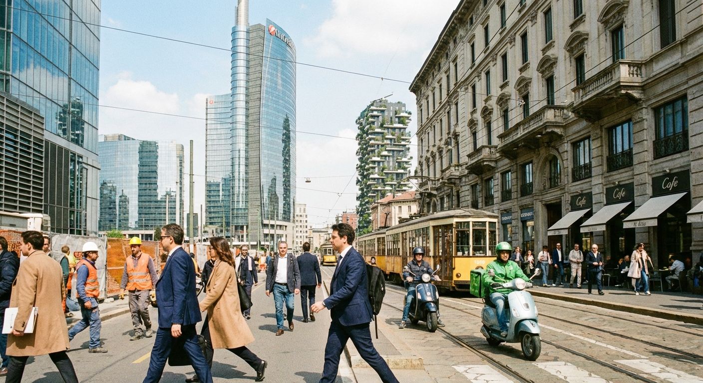 A dynamic street-level view of a modern Italian city center during a busy workday, with a mix of professionals in stylish business attire and other workers navigating the bustling sidewalks. Contemporary glass buildings blend with traditional architecture under a bright sky, symbolizing a vibrant, evolving economy and diverse careers.