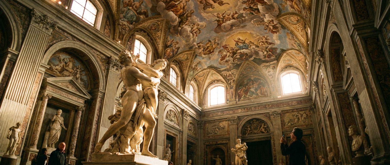 A wide-angle, dramatic photograph inside a grand, historic Italian art museum. Golden light streams through high windows, illuminating a majestic Renaissance sculpture in the foreground, with intricate frescoes adorning the vaulted ceiling above.