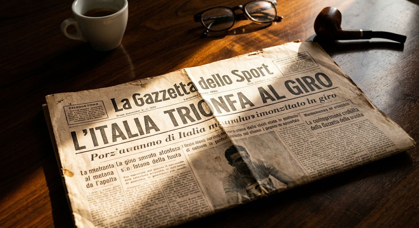 A dramatic, high-contrast close-up photograph of an aged, classic Italian newspaper, perhaps 'La Gazzetta dello Sport' or 'Corriere della Sera,' spread open on a polished dark wood table. A single ray of golden morning sunlight slices across the page, illuminating a prominent headline and the intricate Italian typography, evoking the quiet ritual of consuming daily news in an elegant Italian setting.