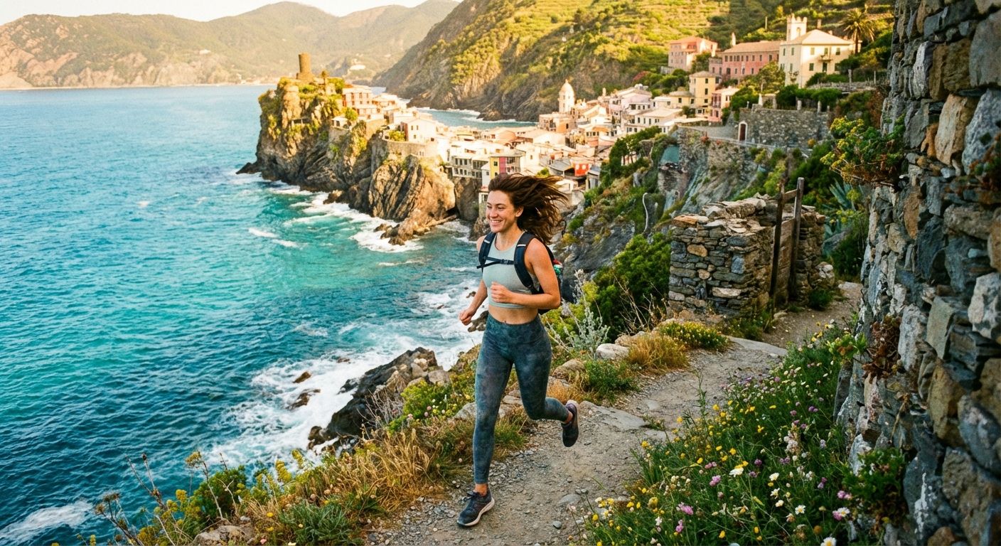 A vibrant photograph of a person enjoying a brisk walk on a scenic coastal path in the Cinque Terre, Italy, with the turquoise Mediterranean Sea and colorful villages in the background. The morning sun casts a warm, golden glow, highlighting a sense of energy and wellbeing.