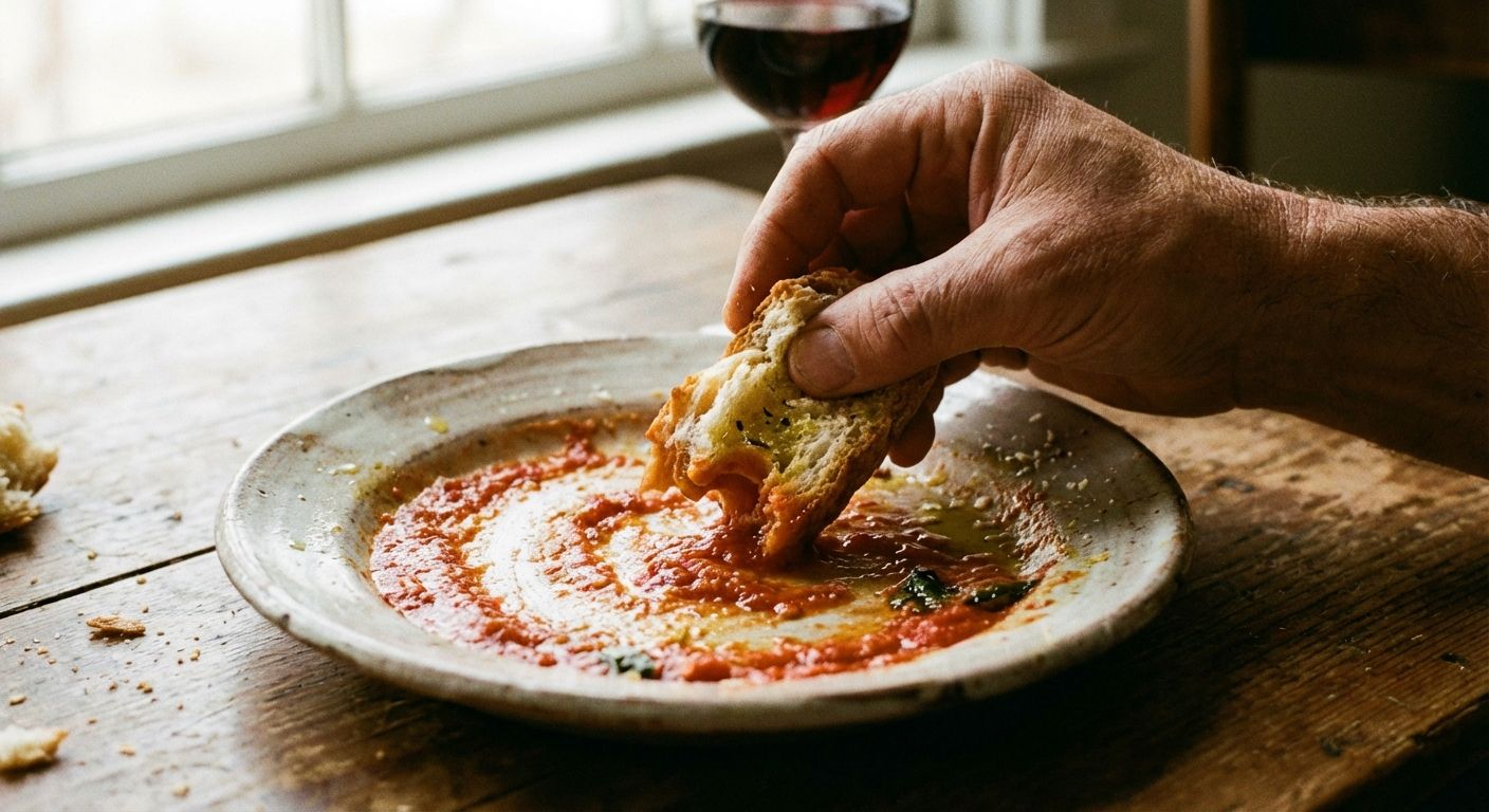 A close-up, warm-lit photograph of a hand using a piece of crusty Italian bread to scoop up the last drops of a rich red pasta sauce from a rustic ceramic plate, capturing the essence of the Italian 'fare la scarpetta' idiom.