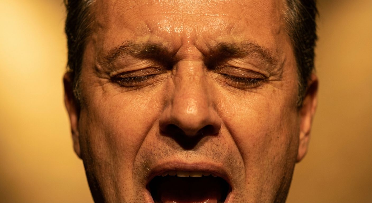 A powerful, extreme close-up photograph of an Italian opera singer's face, mid-performance, eyes closed in intense focus, hitting a dramatic high note under warm stage lights, embodying the culmination of skill and passion.