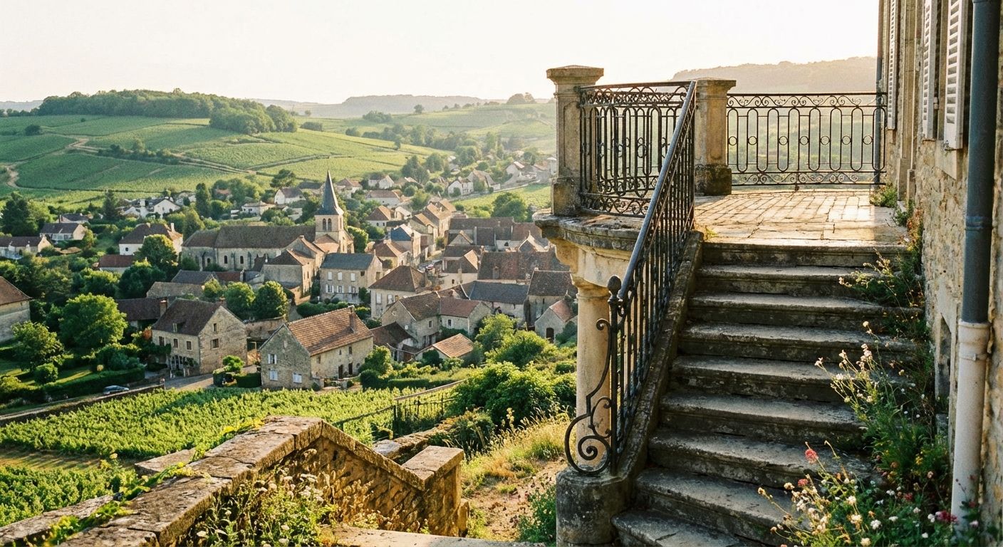 A winding, sun-drenched stone staircase leads up to an elegant balcony overlooking a charming, picturesque French village nestled in rolling green hills, evoking a sense of journey, progress, and a rewarding, expansive view.