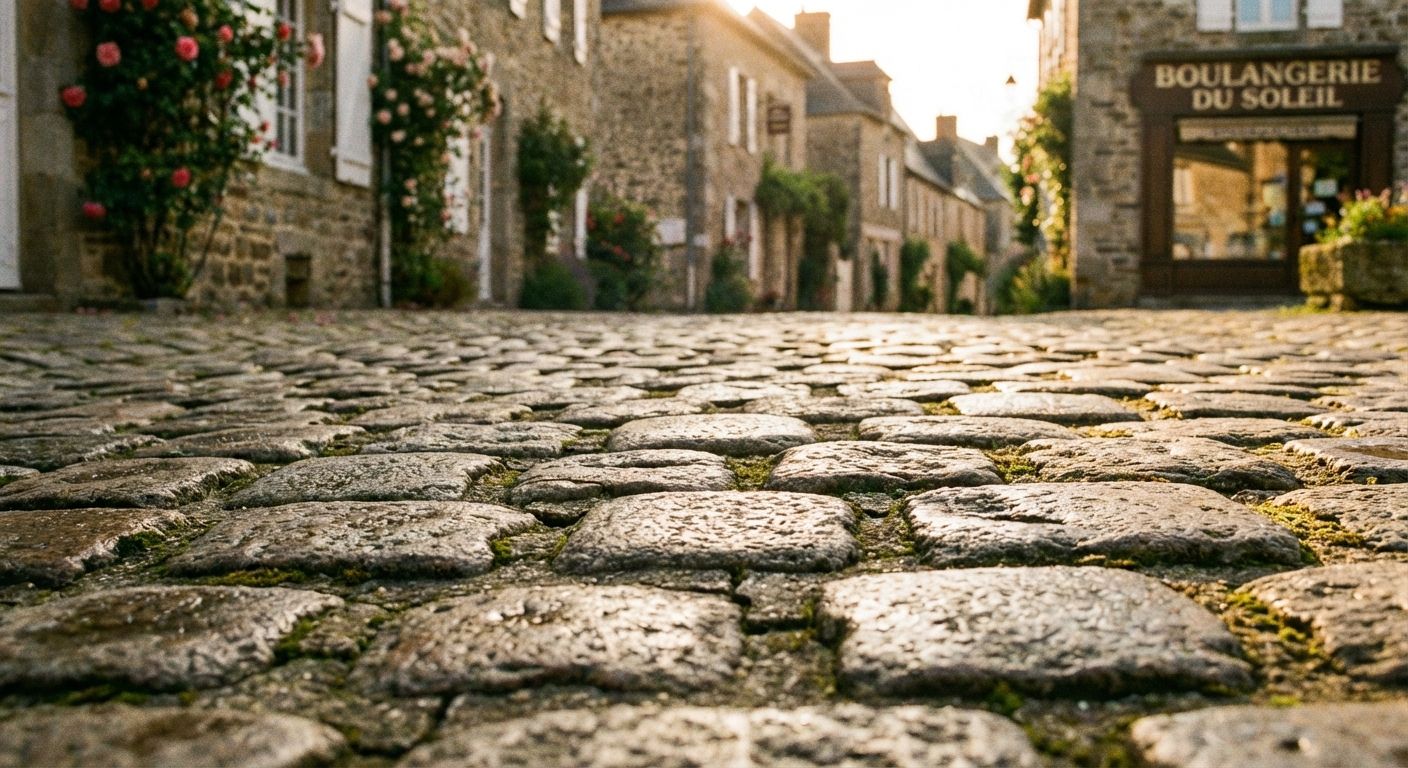 A close-up, low-angle photograph of ancient, well-maintained cobblestones forming a path in a picturesque French village, bathed in warm, soft morning light. The focus is on the intricate details and solid structure of the stones, with a charming village street receding into a soft blur in the background.