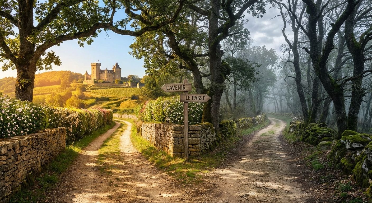 A scenic pathway through a lush French countryside, dappled with morning light, splits into two diverging routes. One route leads towards a sunlit vista featuring a distant, elegant château, while the other disappears into a slightly overcast, atmospheric section of a forest, metaphorically representing different hypothetical futures or past regrets.