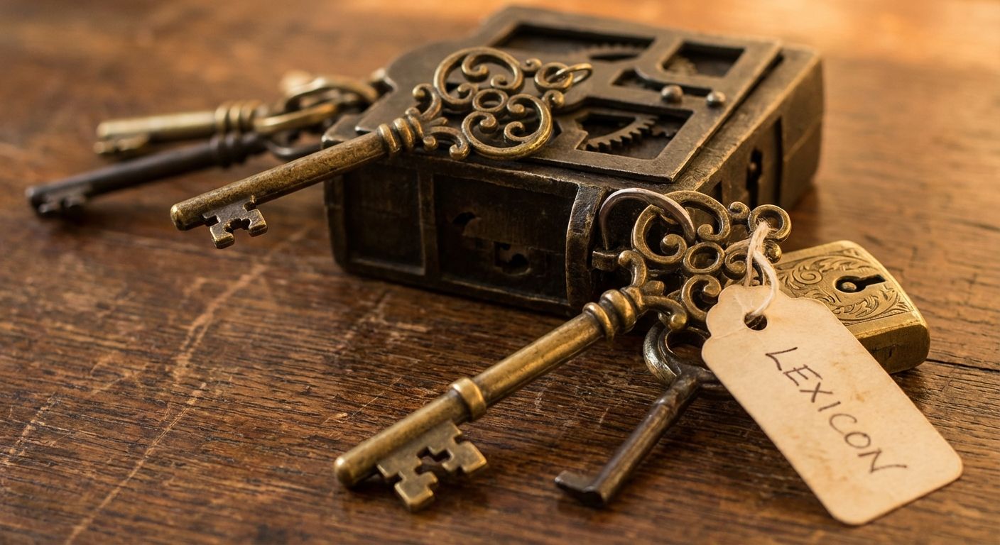 A close-up, warm-toned photograph of several ornate, antique keys, each distinct in design, lying on a polished wooden surface. Two of the keys are prominently featured, one gently resting against a small, intricate lock, and another poised over a different, more complex lock, suggesting precise connections and the nuanced choices in language.