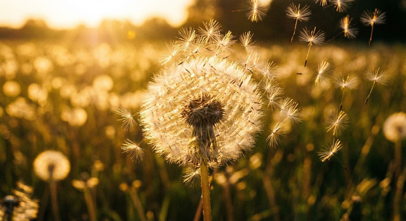 A close-up, dramatic photograph of a single, vibrant dandelion puffball in an open field, with its delicate seeds scattering into the air against a soft, sunlit background, symbolizing abstract ideas spreading from a concrete source.