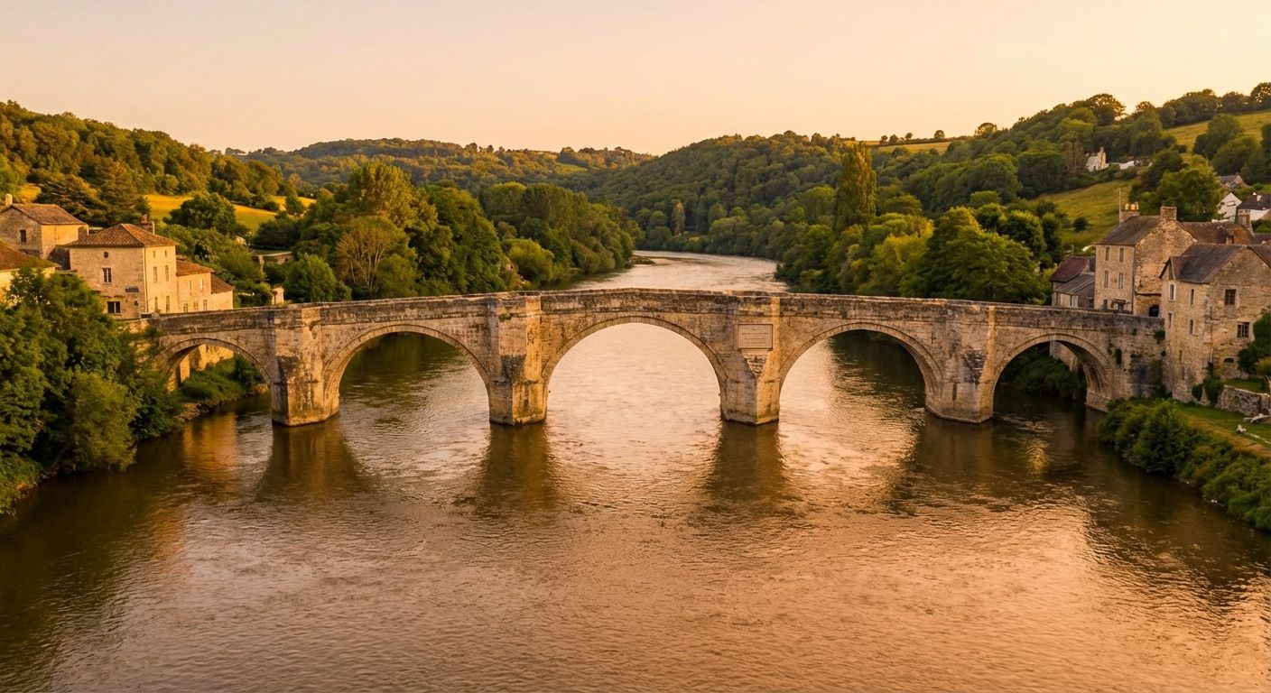 A long, elegant stone bridge with multiple arches gracefully connecting two distinct, lush riverbanks, symbolizing the sophisticated connection and structure of ideas. The scene is bathed in soft, golden hour light, emphasizing the intricate architecture and serene flow.