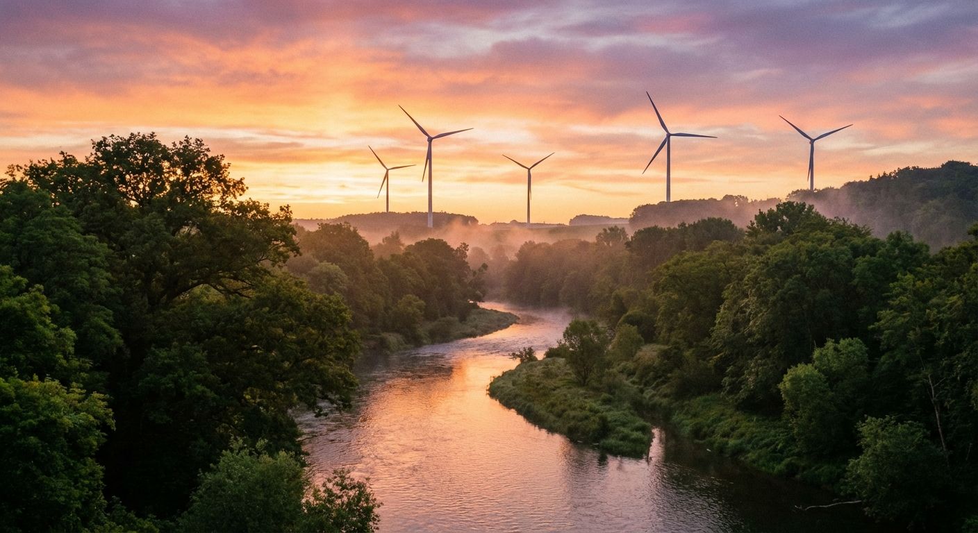 A stunning natural landscape at dawn, featuring a winding river flowing through a lush forest, with a few sleek, modern wind turbines silhouetted against the rising sun in the distance. The scene conveys a sense of serene balance between human innovation and the environment.