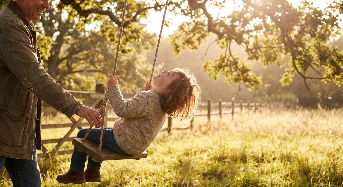 A warm, golden-hour photograph of an adult gently pushing a laughing child on a swing, their hand just releasing the swing to let it continue its arc. The scene evokes both initiation and permission.