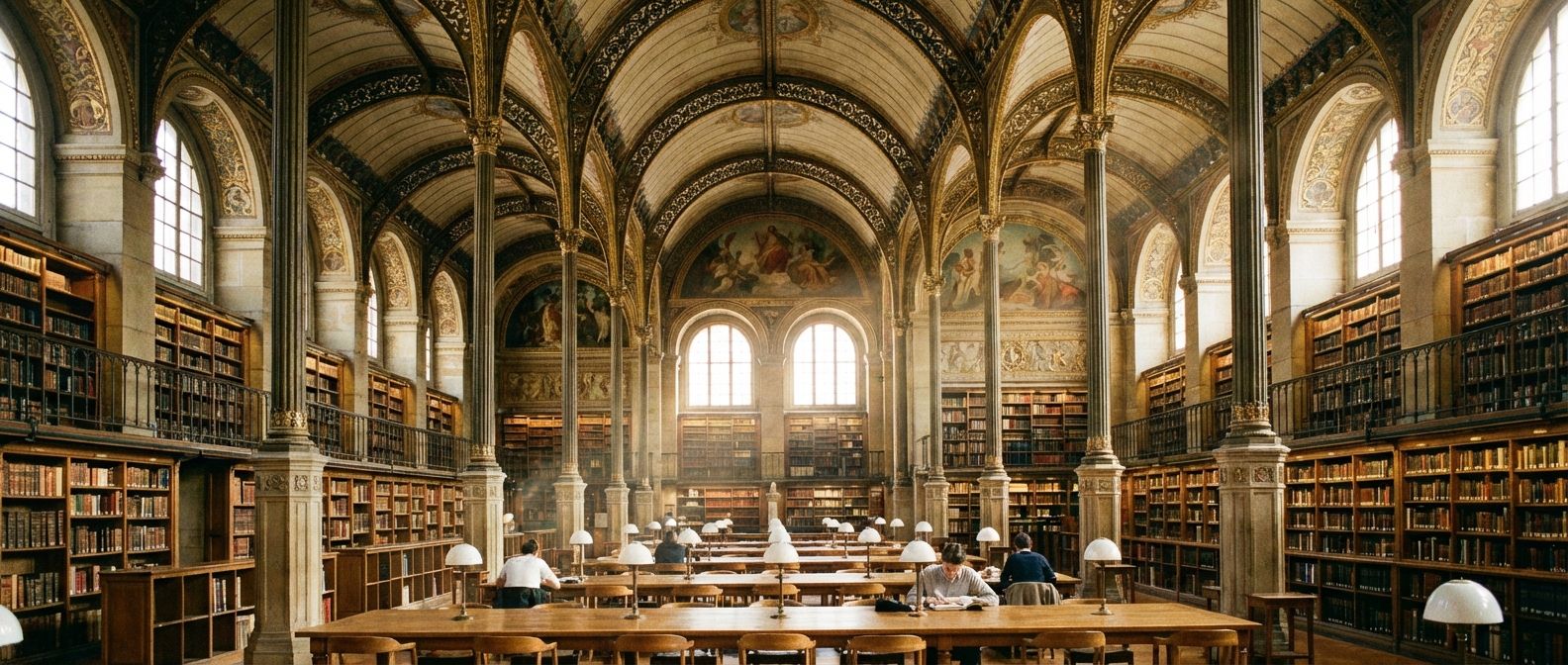 A wide shot of a magnificent, historic French university library, with high ceilings, ornate architecture, and rows of ancient books. Natural light streams through tall windows, creating a serene and scholarly atmosphere, captured as a vivid photograph.