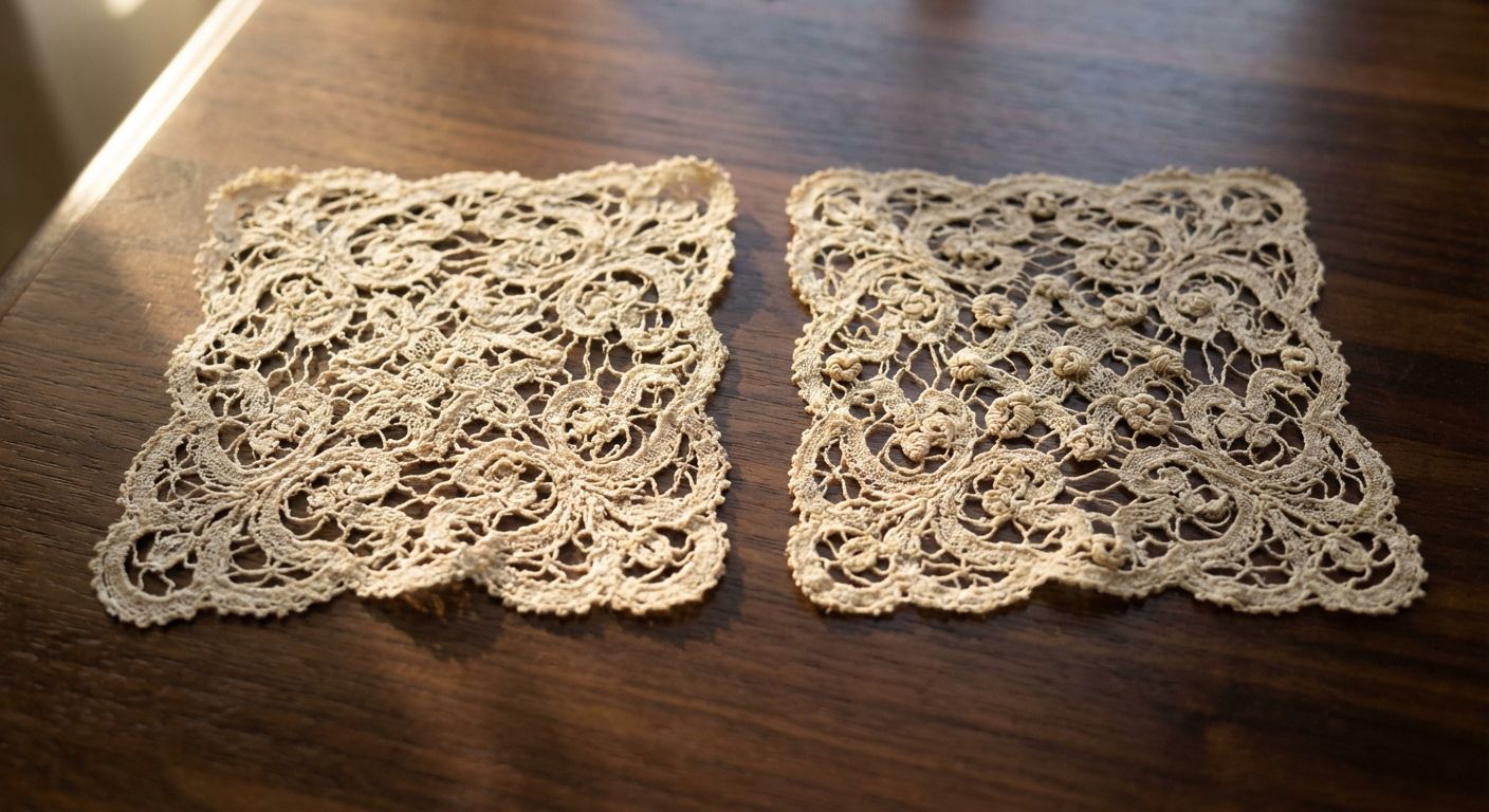 Two exquisite pieces of antique French lace lie side-by-side on a dark, polished wooden surface. One piece displays a pure, flowing pattern, while the other, identical in material, subtly incorporates a small, recurring, intricate knot or interwoven motif, signifying a crucial modification. The scene is lit by a soft, directional light, highlighting the delicate textures and their subtle differences.