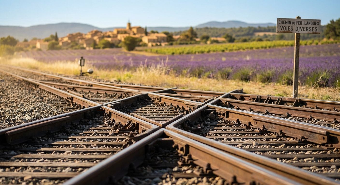 A close-up, low-angle photograph of a complex railway junction with multiple tracks diverging and converging, sharply in focus. In the blurred background, a sun-drenched French countryside, like a field of lavender or vineyards, stretches towards the horizon, symbolizing navigating various linguistic paths.