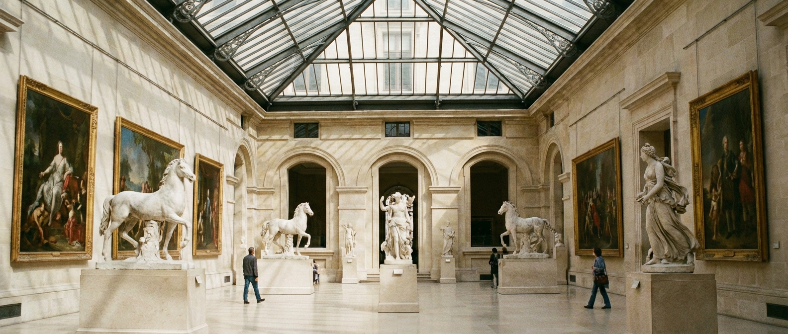 A wide, majestic shot inside a grand Parisian art museum, with soft natural light illuminating classical sculptures and paintings on display. The atmosphere is serene and culturally rich.