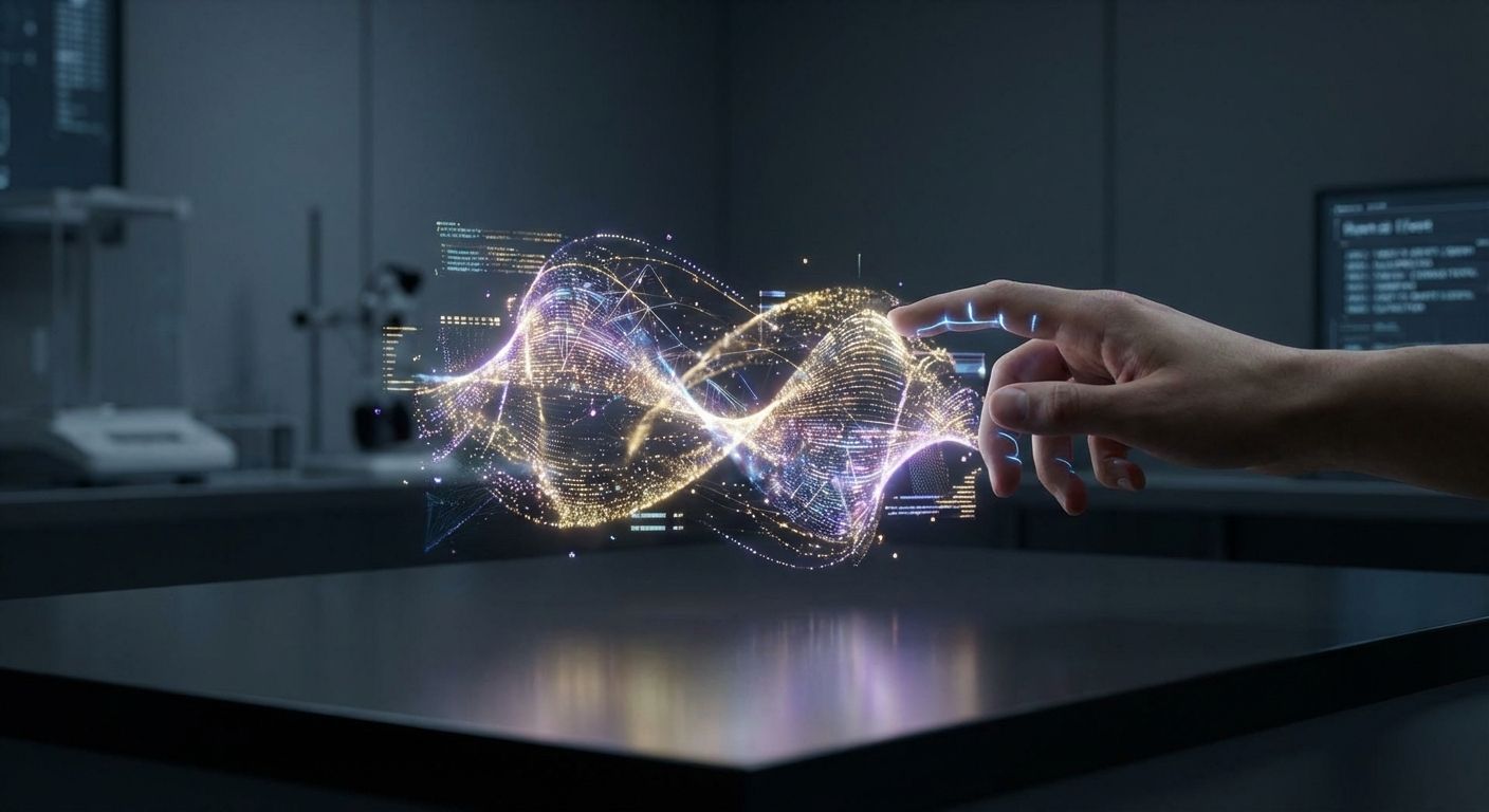 A striking photographic close-up of a human hand reaching out to touch a shimmering, complex holographic projection of interconnected light threads and abstract data forms, suspended in a dark, minimalist environment. The image should convey a sense of scientific discovery and digital innovation with a futuristic, elegant aesthetic.