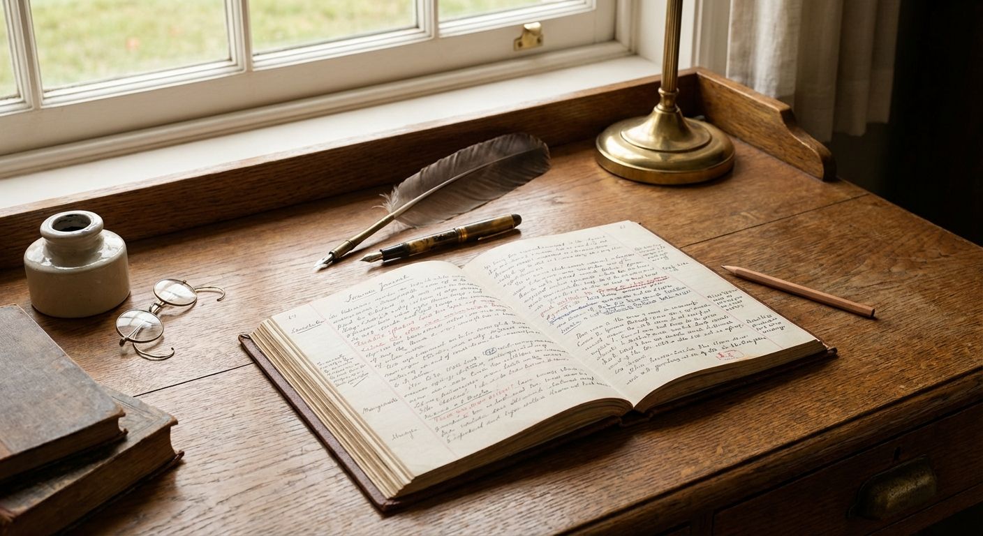 A beautifully lit vintage wooden desk, showcasing an array of writing instruments: a formal quill pen, an elegant fountain pen, and a simple pencil. They are artfully arranged around an open, aged journal with carefully penned script, showing sections with different styles and corrections, implying the thoughtful crafting of words and arguments. Soft, warm light illuminates the scene, highlighting the textures and the subtle variations in expression.