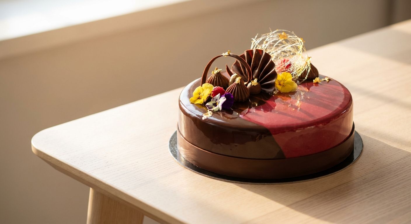 A perfectly glazed, multi-layered French entremet cake, intricately decorated, sits elegantly on a minimalist table. The soft, warm lighting highlights its refined details, evoking a sense of culinary mastery.