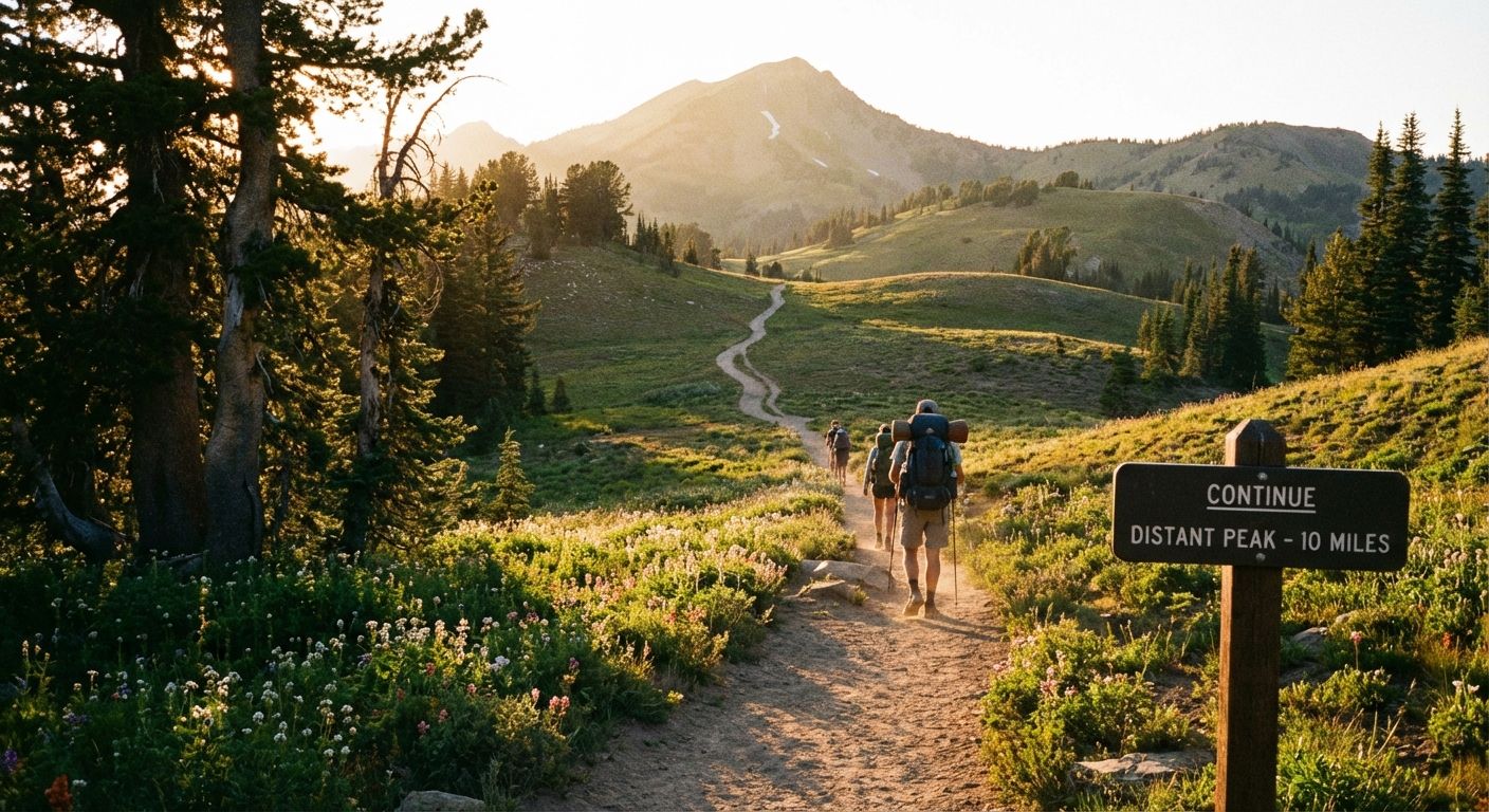 A long, winding hiking trail through a beautiful, sunlit landscape, stretching far into the distance. The path is clear and well-trodden, emphasizing a steady, consistent journey towards a distant goal, captured in the warm light of late afternoon.