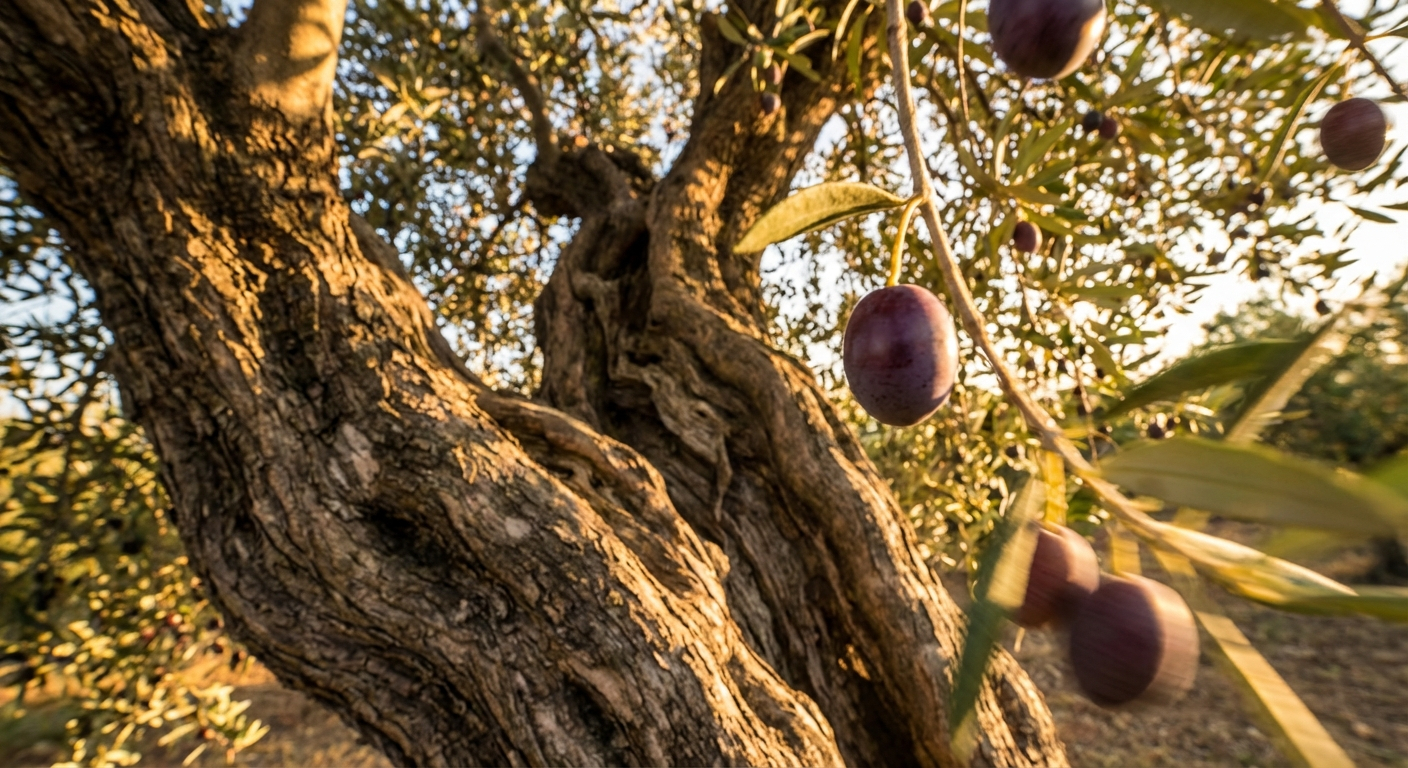 A close-up, low-angle photograph of an ancient, gnarled olive tree, its sturdy trunk embodying permanence. A gentle breeze subtly blurs the background leaves, hinting at temporary states and ongoing activity. A single, perfectly ripe olive is in sharp focus, contrasting with the soft, dreamlike bokeh of the other fruit, all bathed in warm, golden hour light that filters through the canopy.