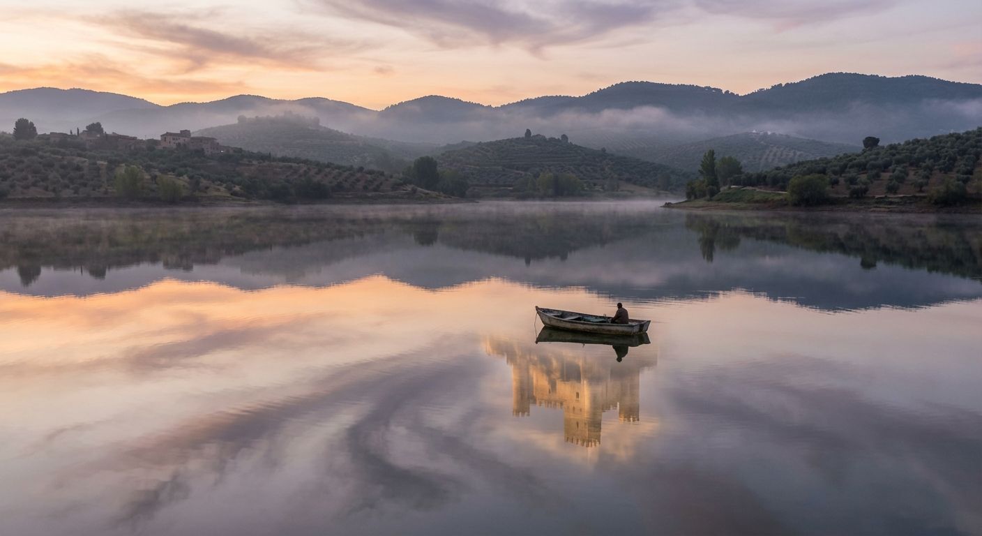 A serene, slightly misty dawn over a tranquil lake in a rolling Spanish landscape. The water's surface perfectly reflects the sky, but the reflection is subtly inverted and dreamlike, hinting at subjective moods and uncertain possibilities.