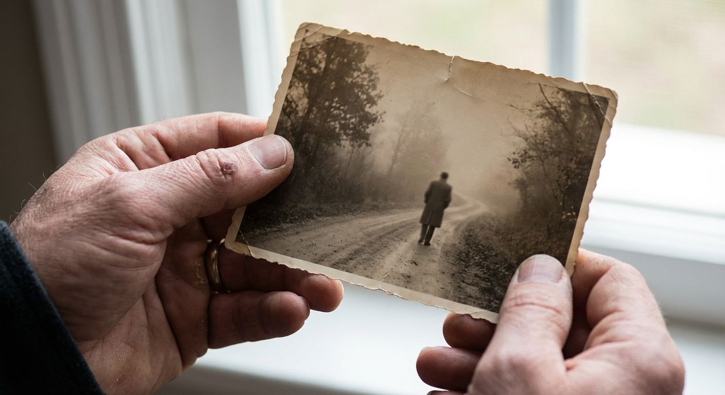 A close-up, high-detail photograph of a person's hands gently holding a vintage, slightly faded photograph. The photograph within the photo shows a solitary figure walking along a misty, winding path, suggesting past actions and hypothetical journeys. Soft, contemplative lighting illuminates the scene.