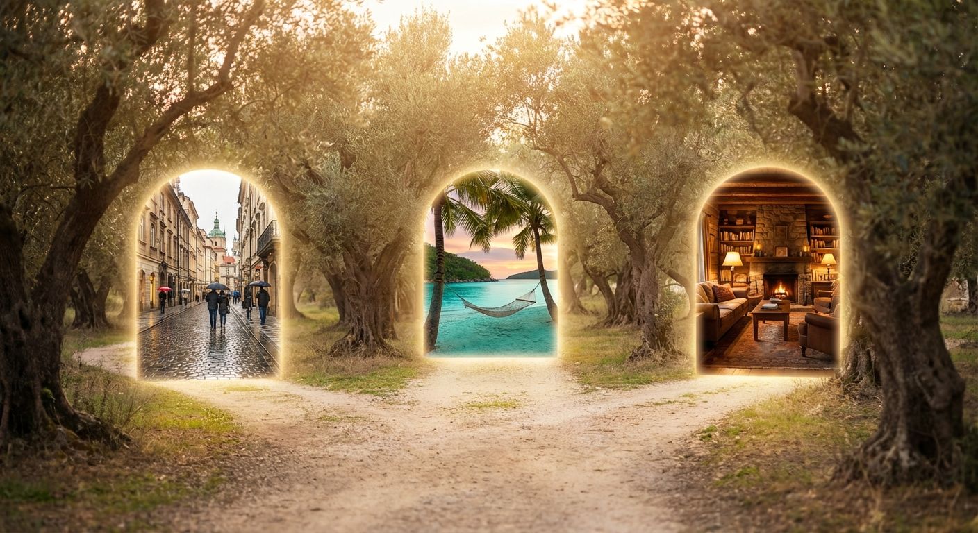 A winding path through a sun-drenched Spanish olive grove visually splits into three distinct, dreamlike scenes: one showing a bustling city street under a gentle rain, another an exotic, pristine beach, and a third a cozy, inviting home interior. The light is warm and golden.