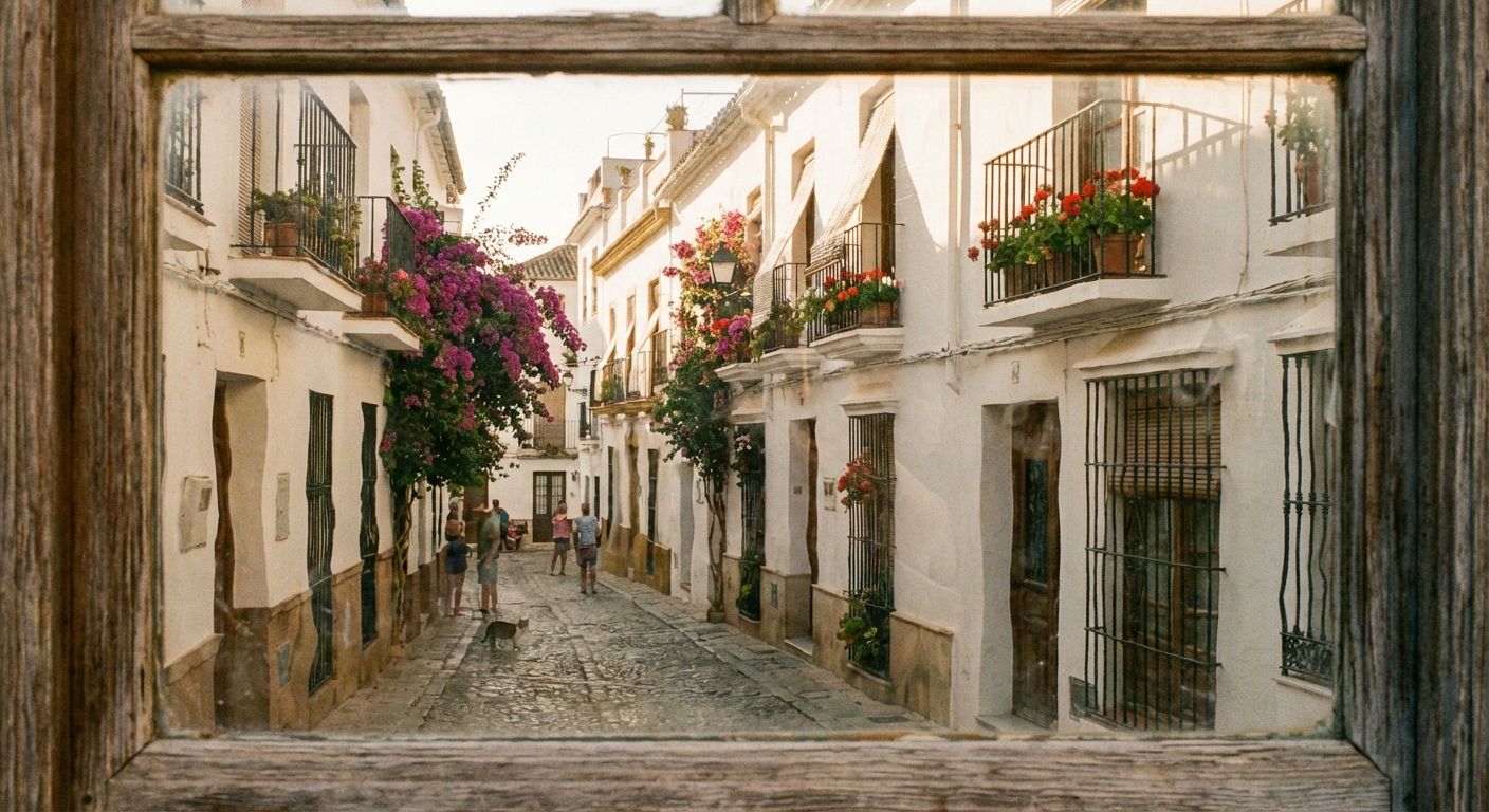 A sun-drenched, narrow street in a historic Spanish town, perhaps with whitewashed buildings and colorful flowers. The scene is viewed through a slightly rippled or antique glass window pane, creating subtle, dreamlike distortions in the reflected image of the street, suggesting the reinterpretation and shifts inherent in reported speech.