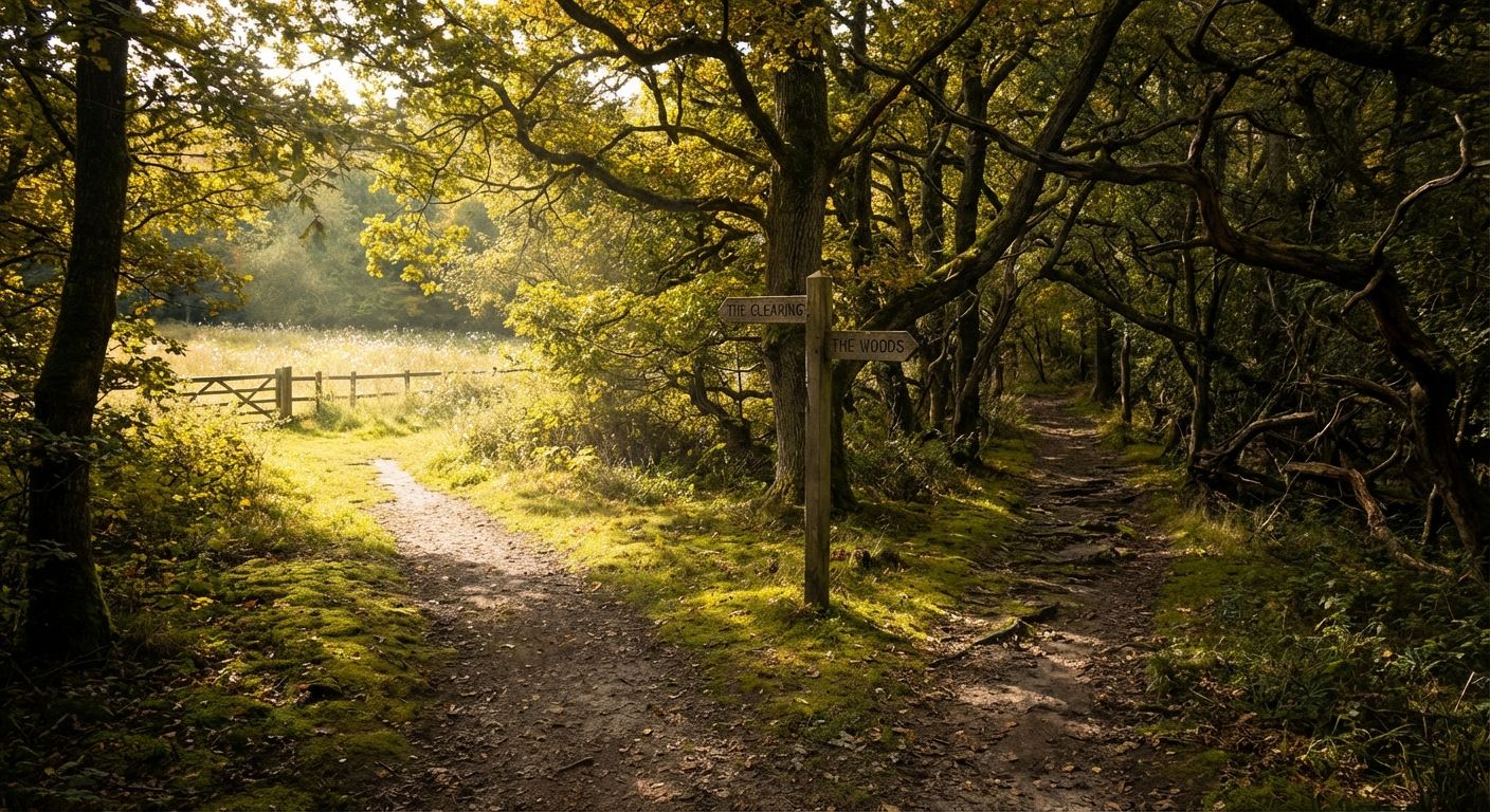 A winding forest path splits into two distinct routes, bathed in dappled sunlight filtering through the canopy, symbolizing the nuanced choice between two similar yet different directions. One path leads clearly towards a bright, inviting clearing in the distance, while the other takes a more meandering, shadowed course deeper into the woods, emphasizing the journey itself.