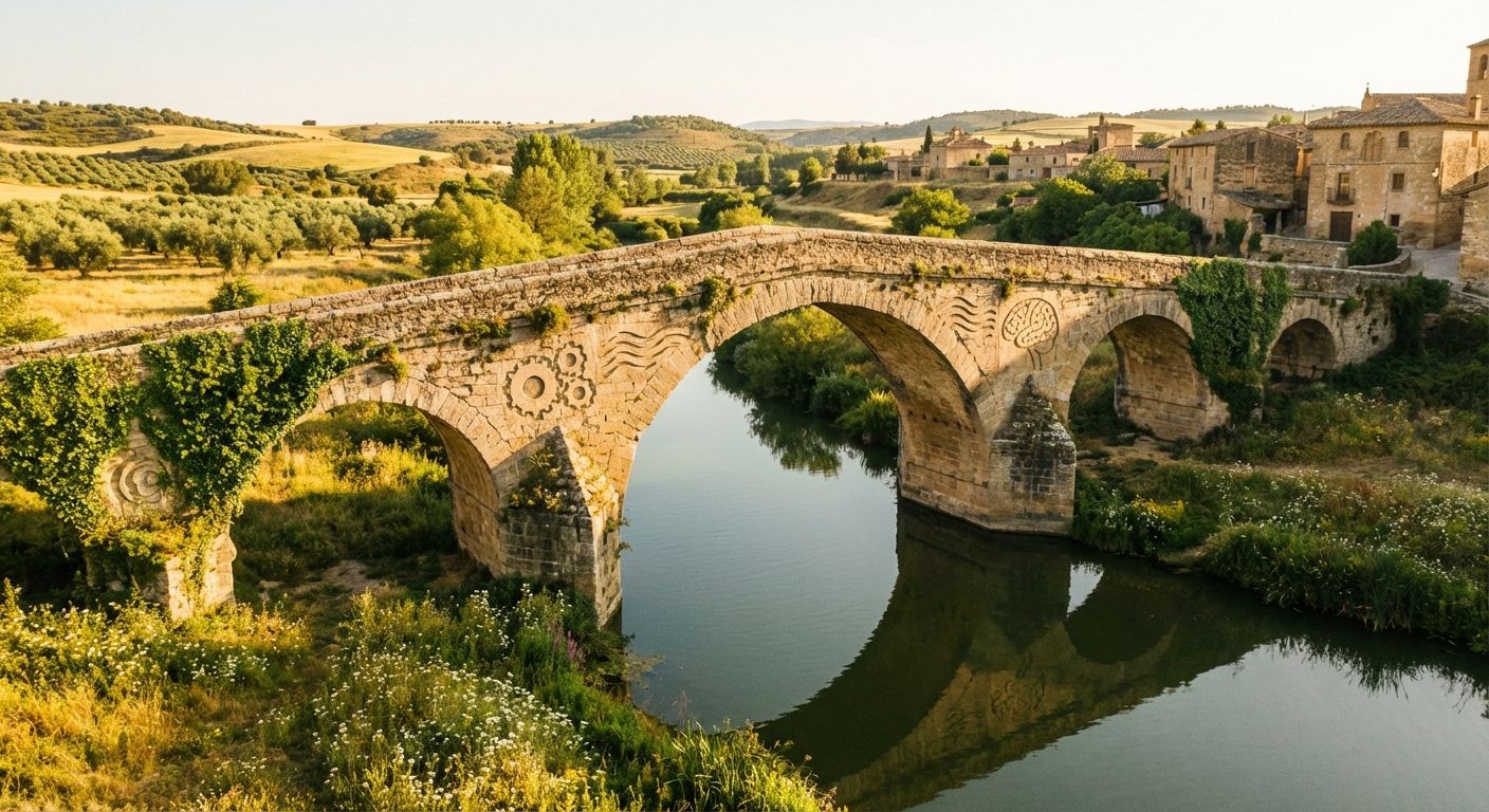 A photograph of an ancient stone bridge spanning a tranquil river in a sun-drenched Spanish landscape. The bridge's intricate structure symbolizes the connection and flow of complex ideas, while the serene, beautiful setting evokes the aspiration of mastering sophisticated Spanish.
