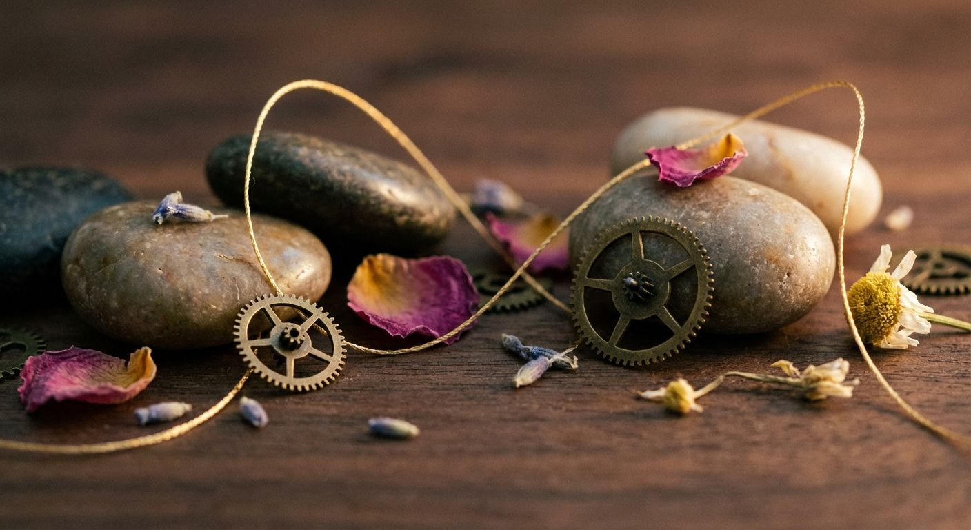 A close-up, shallow depth of field photograph of a delicate, intricate golden thread weaving through several distinct, beautiful objects like polished river stones, small brass gears, and dried flower petals. The objects are arranged on a polished dark wood surface, with soft, warm light illuminating the scene and emphasizing the elegant, subtle connections.