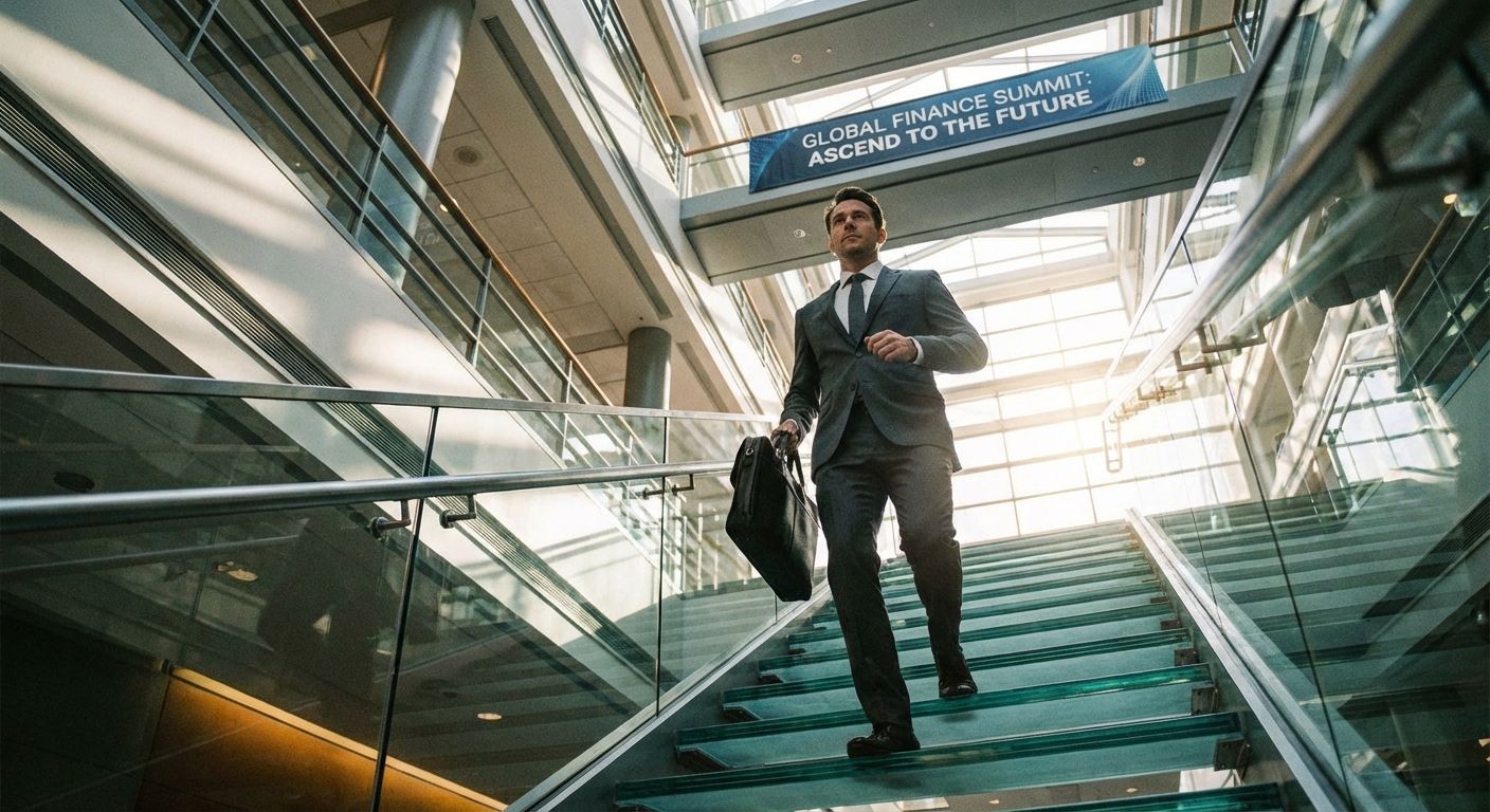 A dynamic, low-angle photograph capturing a professional in smart business attire ascending a modern, sunlit corporate staircase. The image emphasizes upward movement and ambition, with architectural lines leading the eye towards the top, conveying the journey of work and finance.